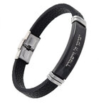 Stoere, zwarte leatherlook armband, op het metalen plaatje staat in het Hebreeuws een deel van de zegen van A&auml;ron.