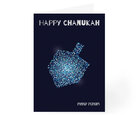 Wenskaart Chanukah / Chanoeka met in zilverkleur de tekst in het Engels: 'Happy Chanukah' en Hebreeuws: 'Chanuka