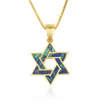 Davidster hangertje van zilver verguld met geelgoud, mooi gevlochten ontwerp met Eilatsteen