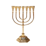 Menorah, Mooie slanke Tempel Menorah / Menora medium maat van verguld metaal 18 x 12 cm