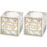 Shabbats kandelaars | prachtige set van glas met een prachtig gegraveerde goud-kleurig metalen plaatje waarop in het Hebreeuws 