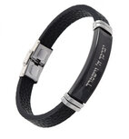 Stoere, zwarte leatherlook armband, op het metalen plaatje staat in het Hebreeuws een deel van de zegen van A&auml;ron.