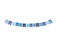 Happy Chanukah - vlaggenlijn, in blauw-tinten met de letters in zilverfolie. 