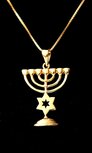 Menorah hangertje, mooi hangertje in geel-goud verguld met een Davidster van de Israelische ontwerpster Marina