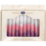 Shabbats kaarsen, kosher en handgemaakt in Safed verpakt per 12 stuks. lila/roze/wit 