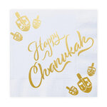 Papieren servetten met goudkleurige Dreidels en de tekst: Happy Chanukah (Vrolijke Chanukah) 20 stuks