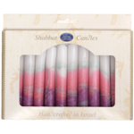 Shabbats kaarsen, kosher en handgemaakt in Safed verpakt per 12 stuks. lila/roze/wit 