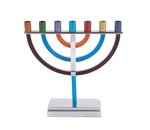 Menorah / Menora, prachtige 7-armige Menorah van Yair Emanuel, uitgevoerd in nikkel met vrolijke kleur accenten 