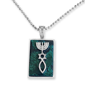 Mooi hangertje van zilver met Eilatsteen met een Messiaans Zegel met bijpassende ketting uit de Rafael Jewelry Collectie