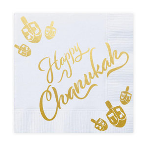 Papieren servetten met goudkleurige Dreidels en de tekst: Happy Chanukah (Vrolijke Chanukah) 20 stuks