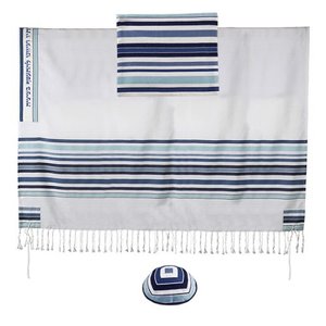 Tallit / Talliet Set, een prachtige 3-delige set van Yair Emanuel gemaakt van polyester/katoen met strepen in verschillende tinten blauw