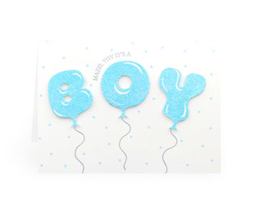 Felicitatiekaart, met 3D ballonnen in de vorm van de letters BOY met Hebreeuws/Engelse tekst voor de geboorte van een Jongetje