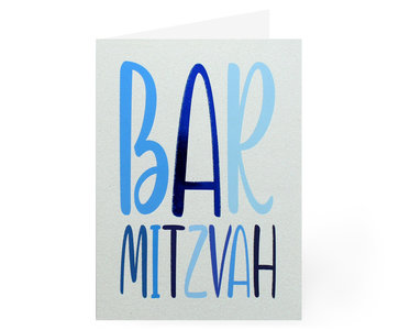 Felicitatiekaart met Hebreeuws/Engelse tekst in blauwtinten voor een Bar Mitswa (zoon der wet) 