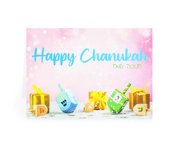 Mooie dubbele Chanukah / Chanoeka kaart met feestelijke dreidels en de Engelse tekst: Happy Chanukah