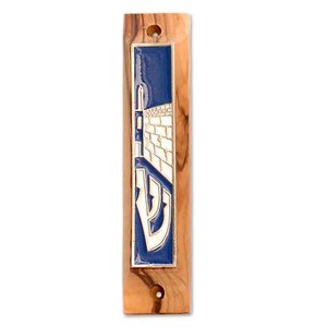 Mezuzah Toren van David, olijfhout met donkerblauwe afbeelding