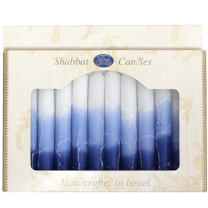 Shabbats kaarsen, kosher en handgemaakt in Safed verpakt per 12 stuks. Blauw/Wit