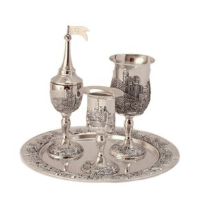 Havdalah Set, prachtige verzilverde set met afbeeldigen van de Oude Stad Jeruzalem