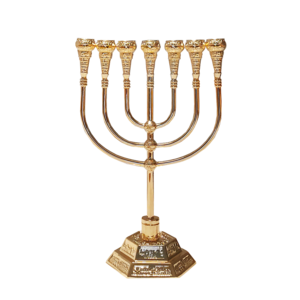 Menorah, Mooie slanke Tempel Menorah / Menora medium maat van verguld metaal 18 x 12 cm