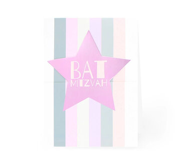 Felicitatiekaart, vrolijke kaart in pasteltintjes met Hebreeuws/Engelse tekst en voor een Bat Mitswa (dochter der wet), inclusief roze envelop