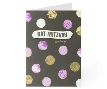 Felicitatiekaart, kaart met stippen en Hebreeuws/Engelse tekst en voor een Bat Mitswa (dochter der wet), inclusief paarse envelop