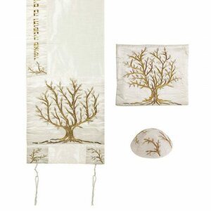 Tallit Set, een prachtige set van Yair Emanuel gemaakt van 100% ruwe zijde met borduursel van de 'Levensboom' in goudtinten.
