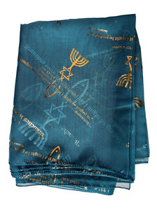Sjaal uit Israël van turquoiseblauwe voile bedrukt met Bijbels thema: Messiaans Zegel en Romeinen 11:19