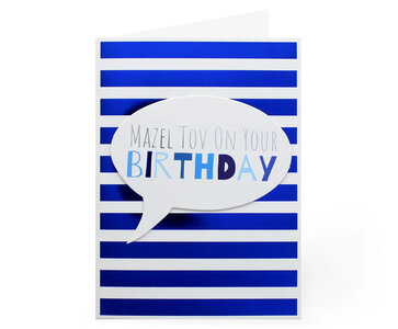 Felicitatiekaart, met Hebreeuwse tekst Mazel Tov en de Engelse tekst 'on your Birthday'