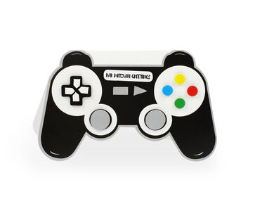 Felicitatiekaart met Hebreeuws/Engelse tekst in de vorm van een game-controller voor een Bar Mitswa (zoon der wet) 