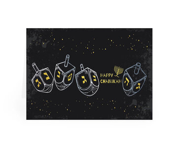 Wenskaart Chanukah / Chanoeka met in goudkleur de tekst: 'Happy Chanukah' met een illustratie van dreidels