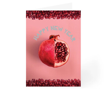 Rosh HaShana kaart, Hebreeuws Engels, met de afbeelding van een granaatappel en de tekst: 'Happy New Year'