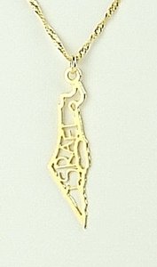 Verguld Hangertje landkaart Israel met de naam Israel aan sierlijk gedraaide ketting van 70cm 