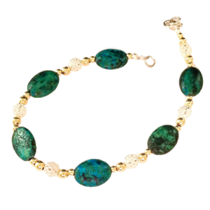 Prachtige Armband met glanzend gepolijste ovale Eilatstenen en een combinatie van 9 Kt vergulde en zilveren kralen uit de Rafael Jewelry Collectie