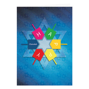 Chanukah kaart, langwerpige kaart met speels dessin van Davidster en Dreidels en de tekst: Happy Chanukah  