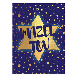 Felicitatiekaart, neutrale 'Mazeltov' donkerblauwe kaart met goudkleurige Davidster en stippen, passend voor elke gelegenheid waarbij u iemand wilt feliciteren