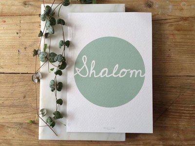 Poster / wanddecoratie in A5 formaat met Shalom (Vrede) in mintgroen