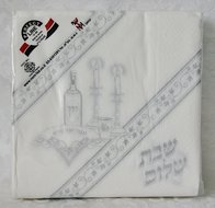 Papieren servetten met de Hebreeuwse tekst Shabbat Shalom en Shabbat items in wit/zilver