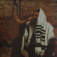 Litho: Man met Shofar en Tallit bij de Muur in Jeruzalem 