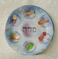 Papieren Pesach bordjes voor de Seder maaltijd met afbeeldingen van de 6 speciale gerechtjes.