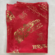 Sjaal uit Israel van rood voile bedrukt met Bijbels thema: Bid voor de vrede van Jeruzalem