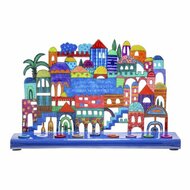 Chanukah Menorah (Chanoekia) van Yair Emanuel met vrolijke afbeelding van de oude stad Jeruzalem