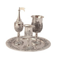 Havdalah Set, prachtige verzilverde set met afbeeldigen van de Oude Stad Jeruzalem