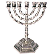Menorah, schattige kleine verzilverde Menorah met de symbolen van de 12 stammen. Afmeting 13 x 13 cm