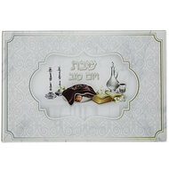 Challah schotel rechthoekig van extra gehard glas met wit gemarmerde basis en Shabbats items. Afmeting 37 x 25 cm