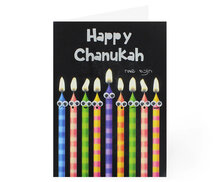 Mooie dubbele Chanukah / Chanoeka kaart met in zilverkleur de tekst:  Happy Chanukah en 3-D oogjes