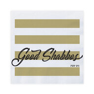 Papieren servetten met in het zwart de tekst Good Shabbos en Shabbat Shalom op goudkleurige/witte ondergrond
