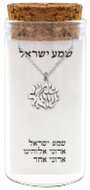Hangertje Shema Yisrael (Hoor Israel...) in Hebreeuwse letters in zilver, inclusief Ketting in een stijlvol glazen kokertje