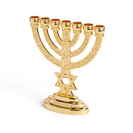 Menorah, leuke kleine menorah van 10 cm - goud-kleurig met de tekst 'Jerusalem'