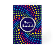 Wenskaart Chanukah / Chanoeka Vrolijke kaart met dreidels in verschillende kleuren en de tekst: 'Happy Chanukah'