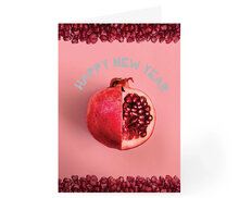 Rosh HaShana kaart, Hebreeuws Engels, met de afbeelding van een granaatappel en de tekst: 'Happy New Year'
