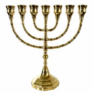 Menorah, prachtige vergulde Menorah in medium maat met grote cups van 2,1 cm dus geschikt voor normale dinerkaarsen. 26 cm hoog